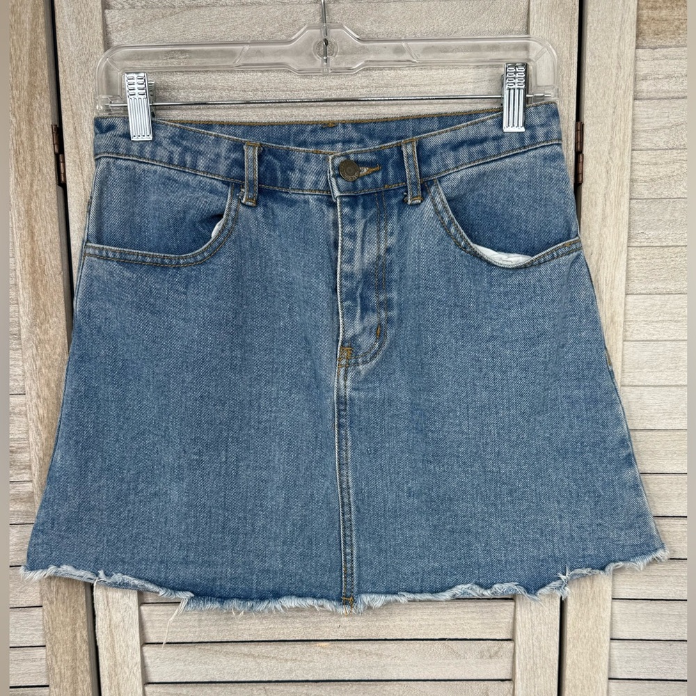 BRANDY MELVILLE Denim/Jean Mini Skirt with Unfinished Hem-Medium